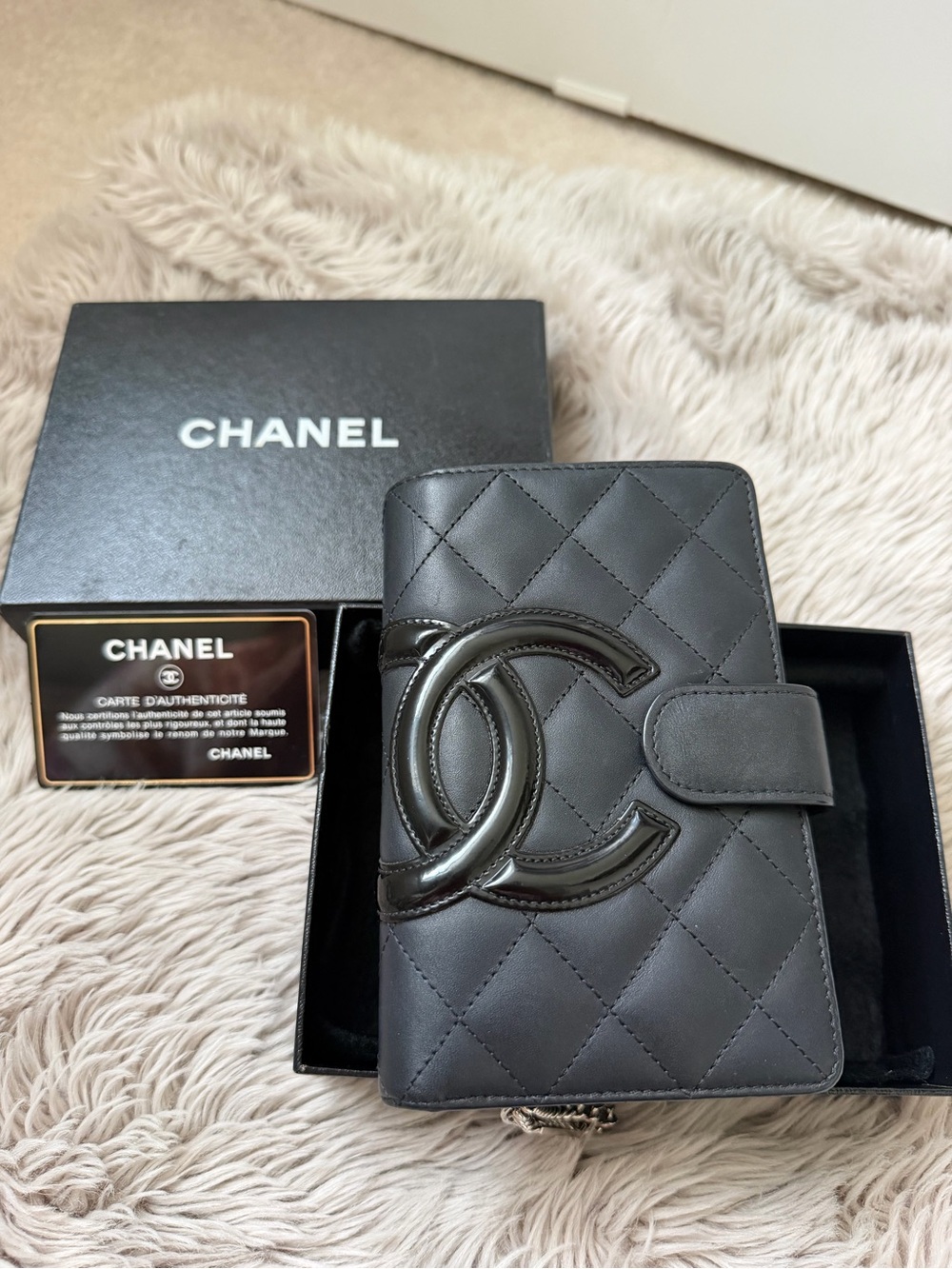 CHANEL Cambon Black Quilted Calfskin Leather Wallet with Glossy CC *Authentic*